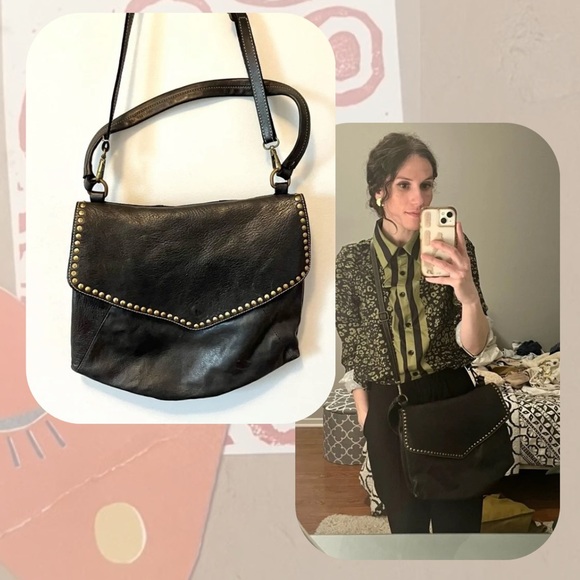 black leather cross body bag with gold studs - Picture 1 of 16
